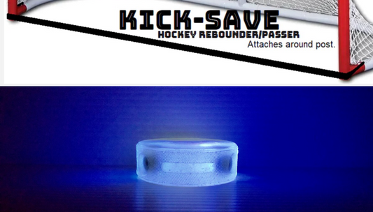 BUY NOW The Comet ICE Puck (Blue) & Kick-Save Hockey Rebounder/Passer. Fits up to 72" Net. Hockey Puck Rebounder. Hockey Puck Passer. One-Timer.